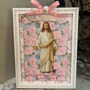 Pink cottage core pearl trim Jesus, print, Christian wall art, baptism gift 7x9”
